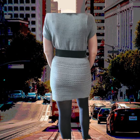 Cato Sweater Dress - Grey Cable Knit - Cowl Neck - Mini Skirt - Wide Belt - Picture 7 of 9